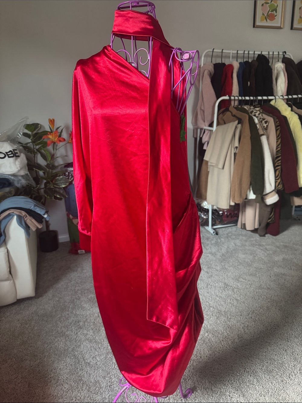Chic me One-Shoulder Red Satin Dress with Draped Scarf Detail